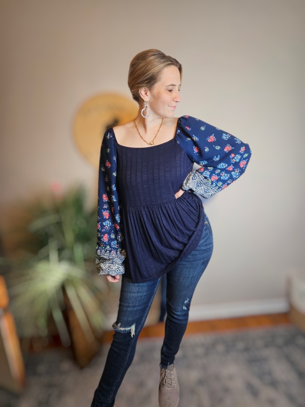 Navy Floral-Paneled Peasant Blouse - Women's